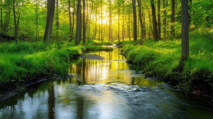 Fototapeta premium A tranquil stream flows through a lush forest, bathed in golden sunlight.
