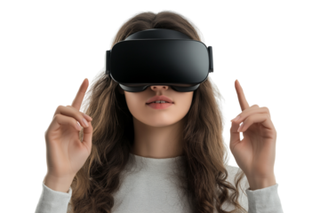 woman using virtual reality headset on white background, cut out png.