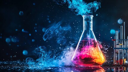 Colorful chemical reaction in laboratory glassware on a dark background.