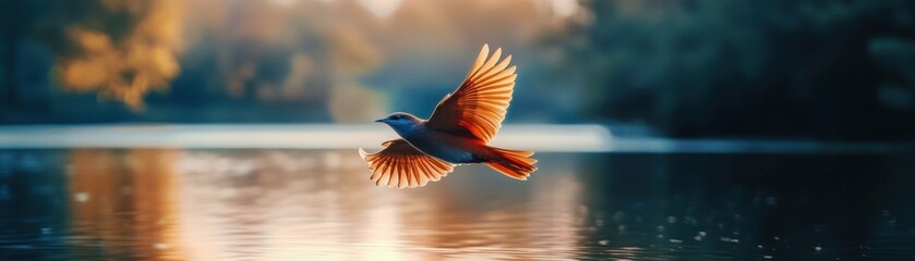 Fototapeta premium Bird flying over lake with vibrant wings, soft lighting, serene outdoor setting.