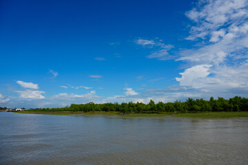 A serene summer landscape featuring a river and lake, surrounded by lush green trees and clouds drifting in a blue sky, capturing the beauty of nature
