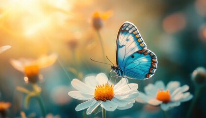 Butterfly landing on flower with vibrant wings, soft lighting, peaceful garden setup.