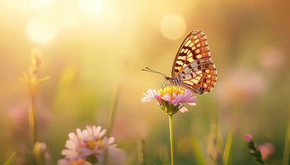Butterfly landing on flower with vibrant wings, soft lighting, peaceful garden setup.