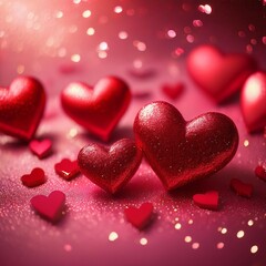 Obraz premium sparkling red hearts on a glittery pink background
