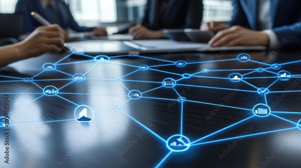 Poster Businesspeople Working with Holographic Network Connection on a Table