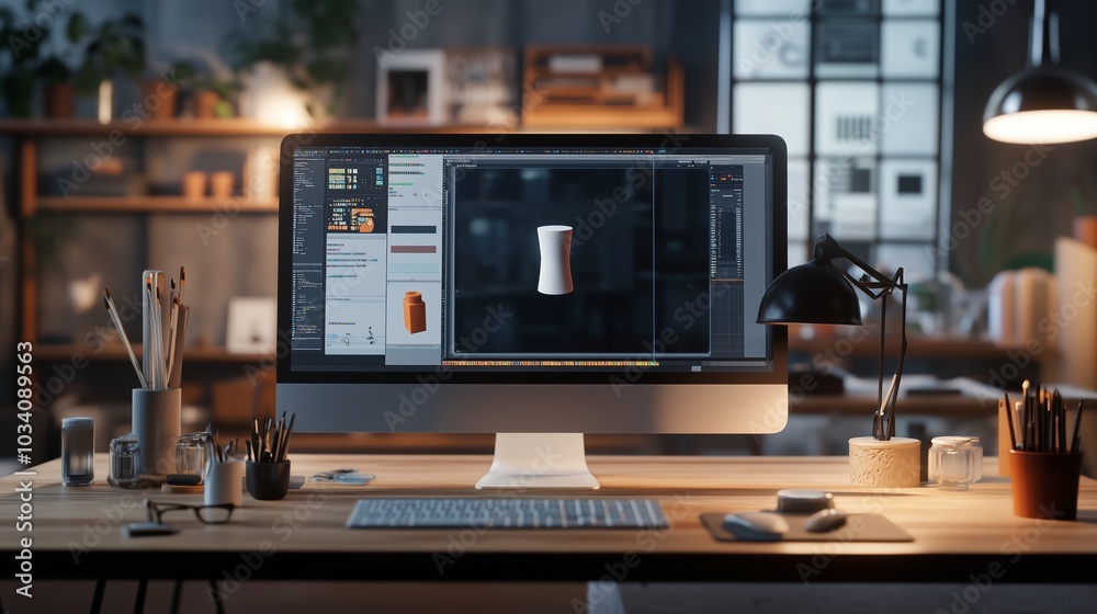 Aufkleber a modern workspace featuring a computer with design software open, surrounded by creative tools and 