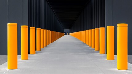 Fototapeta premium Warehouse aisle lined with bright yellow safety bollards, symmetrical rows leading to the horizon, symbolizing logistics, safety, and industrial precision