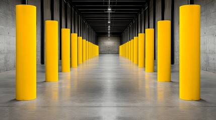 Warehouse aisle lined with bright yellow safety bollards, symmetrical rows leading to the horizon, symbolizing logistics, safety, and industrial precision