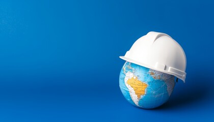 World globe under a white hard hat, symbolizing global construction and sustainability, clean minimalist background, modern environmental safety theme