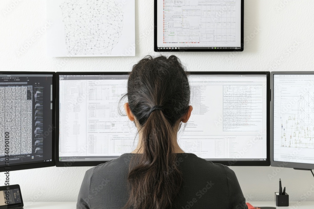 Aufkleber south asian female engineer in high-tech home office analyzing data on multiple screens