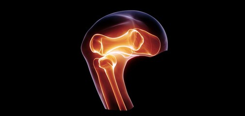Xray style image of a human knee joint, glowing orange ligaments and bones, showcasing futuristic medical anatomy and orthopedic visualization
