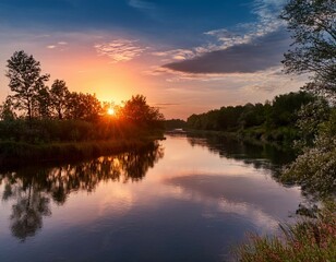 the sunset reflecting off the surface of a calm river with a softly blurred background of surrounding trees and sky