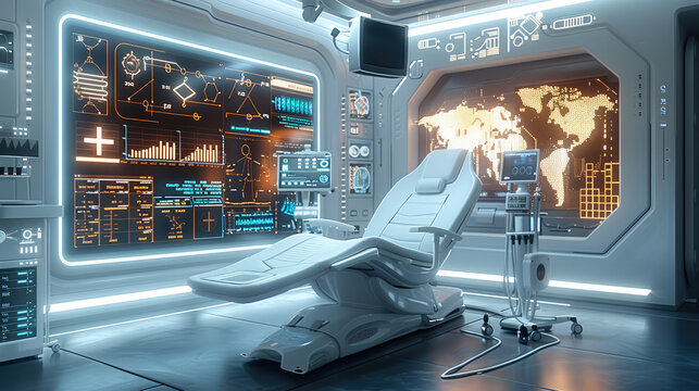 The medical room of the future city, a scientific and technological modeling chair in the house, a medical lamp with future modeling on it, a transparent touch screen with many chemical equations. - Powered by Adobe