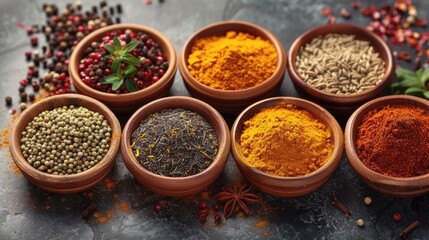 A small bowls filled with colorful spices like turmeric and paprika, arranged in an aesthetically pleasing layout. top view.