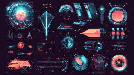 A collection of futuristic, sci-fi UI elements with a dark blue and orange color scheme.