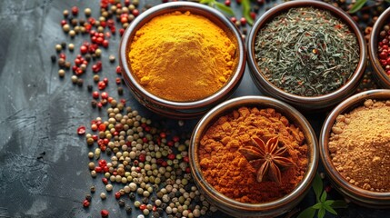 A small bowls filled with colorful spices like turmeric and paprika, arranged in an aesthetically pleasing layout. top view.