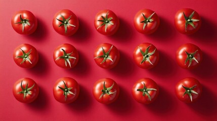 A pattern of 15 red tomatoes on a red background.