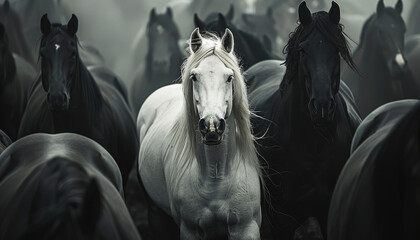 A white horse in the middle of black horses.