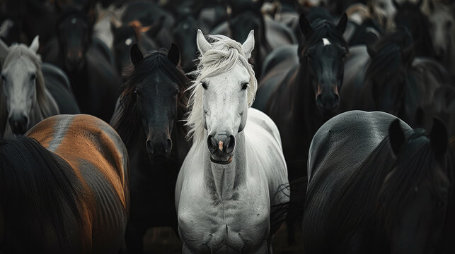 A white horse in the middle of black horses.