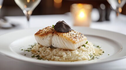 Gourmet Seafood Dish: Pan-Seared Halibut on Creamy Risotto with Truffle Garnish - Perfect for Fine Dining