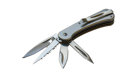 Obraz premium A multitool with a sharp metal knife isolated on white