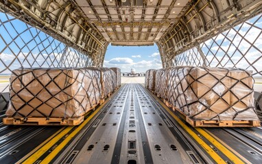 Fototapeta premium Interior of a cargo aircraft, packed with large freight shipments, secured by netting, showcasing international air logistics and transportation efficiency