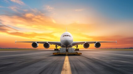Large cargo airplane on the runway at sunrise, loading equipment in front, symbolizing global transportation and logistics, dramatic sky in the background