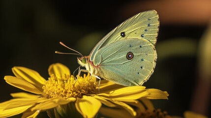 Obraz premium A green and yellow butterfly with blue spots is perched on a yellow flower with a dark background.