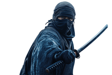 Ninja with sword isolate on white background, cut out png.