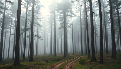 Obraz premium Bare trees in a foggy forest with fallen leaves on the ground