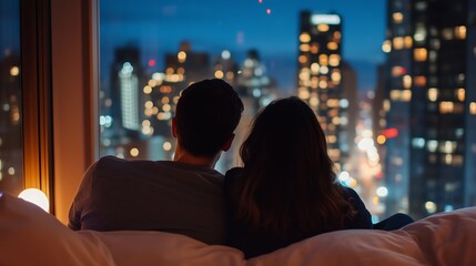 Couple enjoying a nighttime city view from their hotel room with bright city lights illuminating the skyline