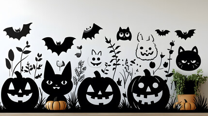 Obraz premium Halloween wall stickers with jack-o-lanterns and spooky faces, perfect for enhancing seasonal decor in living spaces