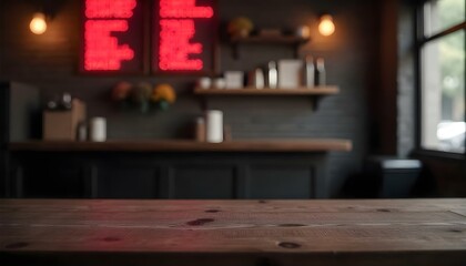 Fototapeta premium A wooden table with blurred interior background of a coffee shop