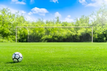 Fototapeta premium Soccer Field with Goal Net on Lush Green Grass under Blue Sky