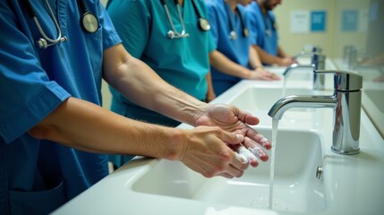 A doctor washes his hands in a hospital sink