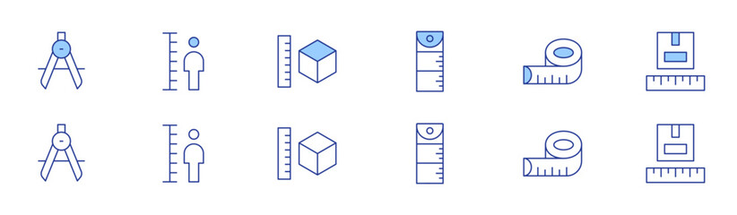 Measure icon set in two styles, Duotone and Thin Line style. Editable stroke. compass, height, measure, measuring tape, parcel size