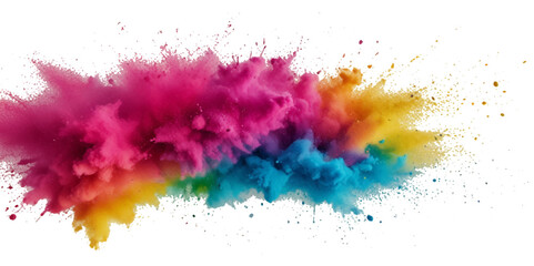 Multicolored rainbow explosion of cloud powder paint holi decoration isolated on transparent background. Vector abstract colorful rainbow holi paint festival background.