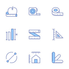 Measure icons set. Line Duotone style, editable stroke. diameter, height, measuring tape, ruler, apple, dimensions, set square