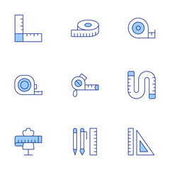 Measure icons set. Line Duotone style, editable stroke. rulers, tape measure, measuring tape, ruler, writing, mannequin