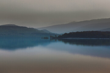 Foggy morning on a mountain lake, Shaori Reservoir Georgia