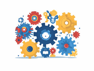 Flat Gears with Political Party Symbols: Vector Illustration of Interlocking Gears in Motion Representing the Political Process, Isolated on White Background with Space for Party Labels