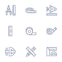 Measure icons set. Thin Line style, editable stroke. compass, height, measurement, ruler, scale, tape measure, measuring tape, pencil