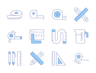 Measure icons. Line Duotone style, editable stroke. coding, work in progress, rulers, tape measure, measuring tape, writing, jug, pencil