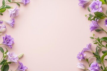 Fototapeta premium Elegant oval frame created from cascading purple lilies, flat lay, muted background, luxurious and organic floral art