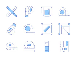 Measure icons. Line Duotone style, editable stroke. height, tape measure, size, water, measuring tape, rescale, ruler, set square, edit tool