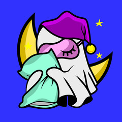 Cartoon Ghost Sleeping with Pillow Under Moonlight