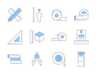 Measure icons. Line Duotone style, editable stroke. ruler, set square, tape measure, measuring tape, pencil, compass, height, measure, parcel size
