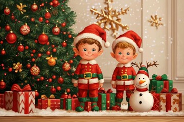 Two joyful children in Santa costumes stand beside a snowman, surrounded by gifts and a decorated Christmas tree, creating a festive holiday scene.