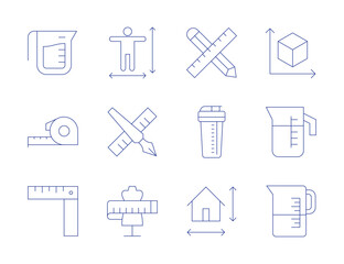 Measure icons. Thin Line style, editable stroke. body measure, edit tool, mannequin, cube, jug, measuring cup, size, ruler, work in progress, measuring jar, tape measure, water