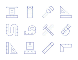 Measure icons. Thin Line style, editable stroke. ruler, rulers, tape measure, measuring tape, parcel size, caliper, hammer, measure tape, size
